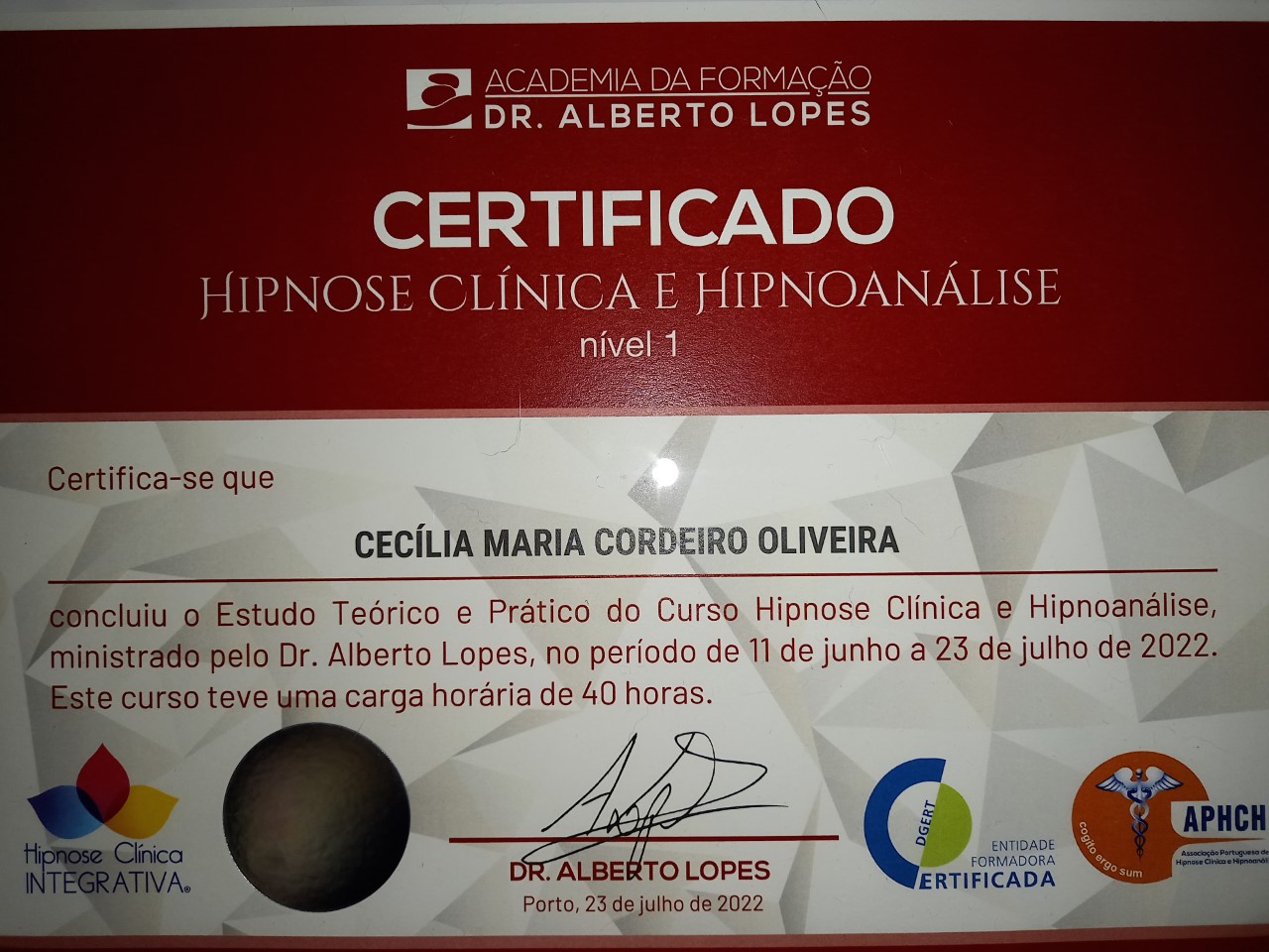Certificado Hipnose Clínica e Hipnoanálise Nível 1
