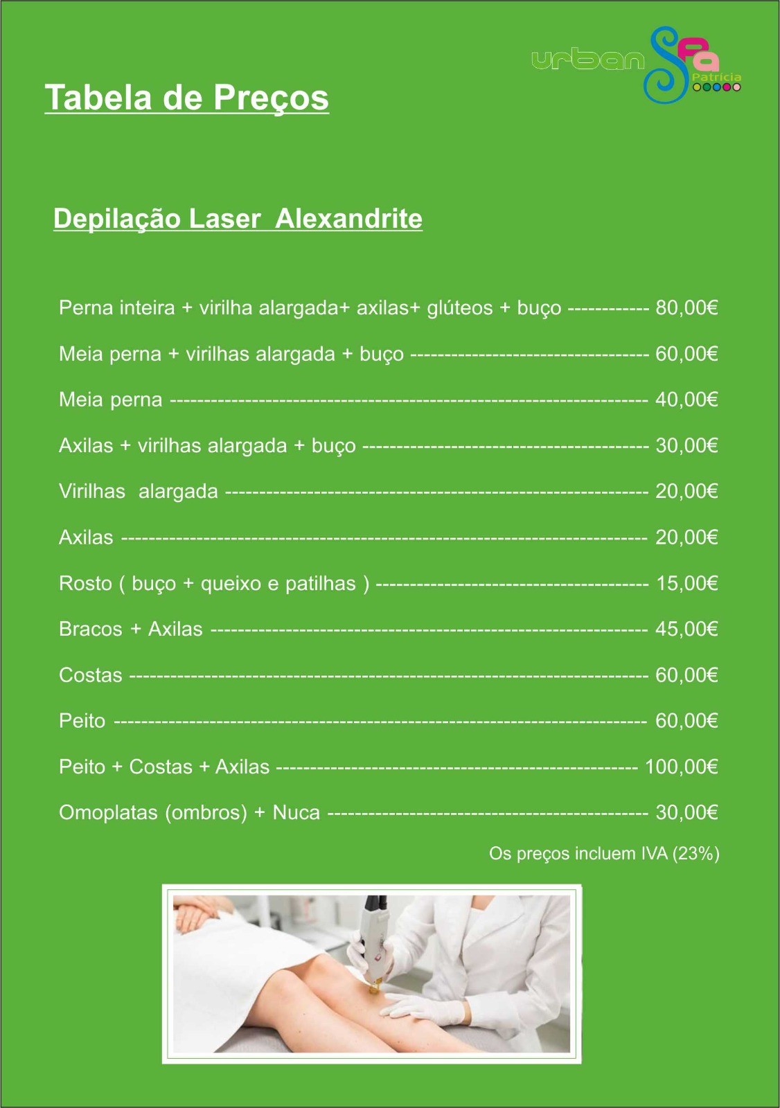Tabela de Preços Depilação Laser Alexandrite